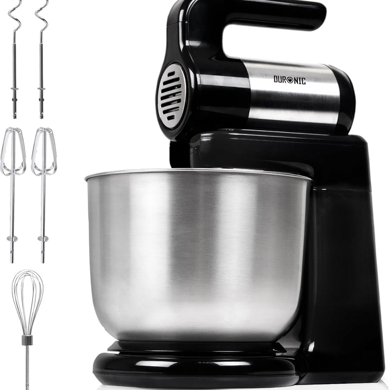 Duronic SM3 Electric Food Processor 300 W, 2-in-1 Stand Mixer with 4L Stainless Steel Bowl, Hand Mixer, Kneading Machine, Dough Machine, Hand Mixer, Mixer for Baking, Cream, Dough, Sauces, Desserts