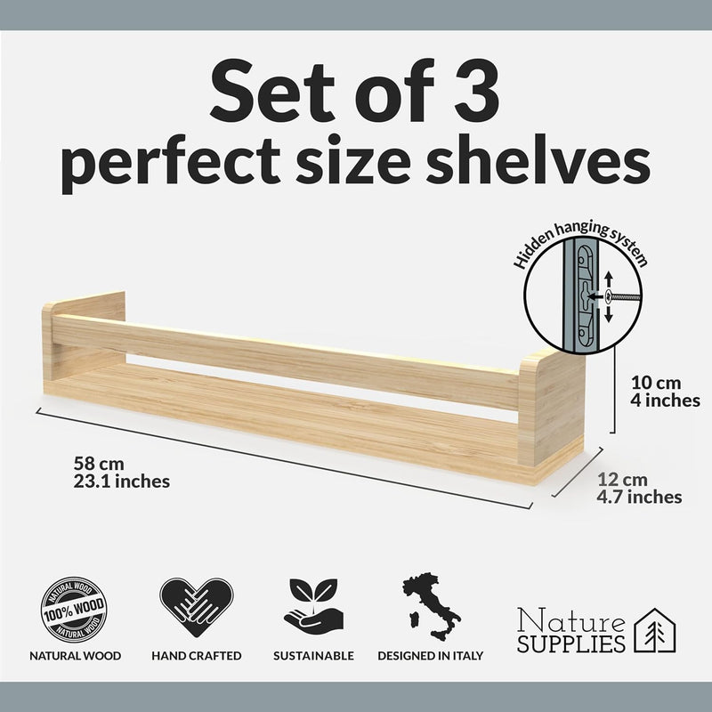 NATURE SUPPLIES Set of 3 Natural Wood Nursery Shelves 41.7 cm, Solid Wood, Ideal for Books, Toys and Decoration, Wall Shelf for Children's Room, Children's Book Shelf, Nursery Shelf