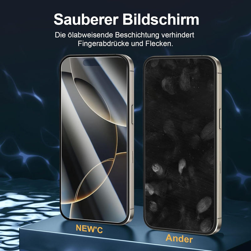 NEW'C Tempered Glass Screen Protector for iPhone 16 Pro, 6.3 Inch (2 Pieces) and 2 x Camera Armoured Protection for Camera Protection (Pack of 2), Scratch-Resistant, Extremely Durable, 9H Hardness