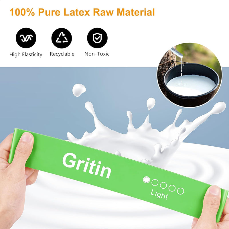 Gritin Fitness Bands [Set of 5] Resistance Bands with 5 Levels, 100% Latex Fitness Band Resistance with German Exercise Instructions and Carry Bag, Gymnastics Band for Muscle Building, Yoga