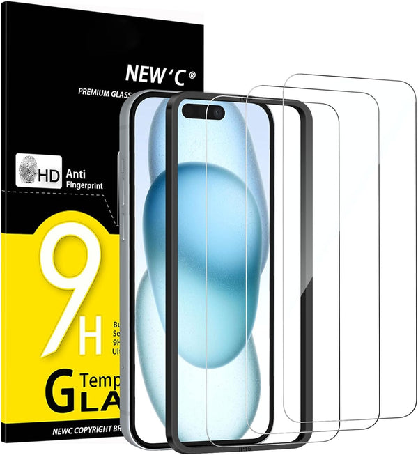 NEW'C Pack of 3 for iPhone 16, iPhone 15 for tempered glass (6.1 inches), free from scratches, 9H hardness, HD screen protector, ultra clear, ultra-resistant, easy installation tool included