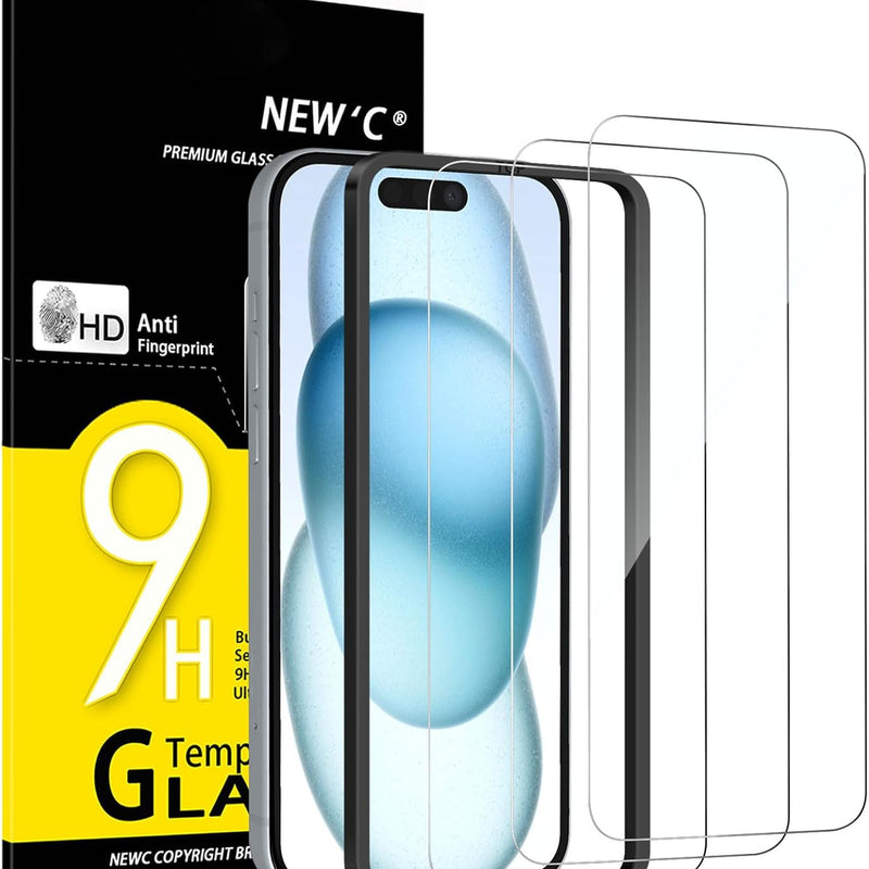 NEW'C Pack of 3 for iPhone 16, iPhone 15 for tempered glass (6.1 inches), free from scratches, 9H hardness, HD screen protector, ultra clear, ultra-resistant, easy installation tool included