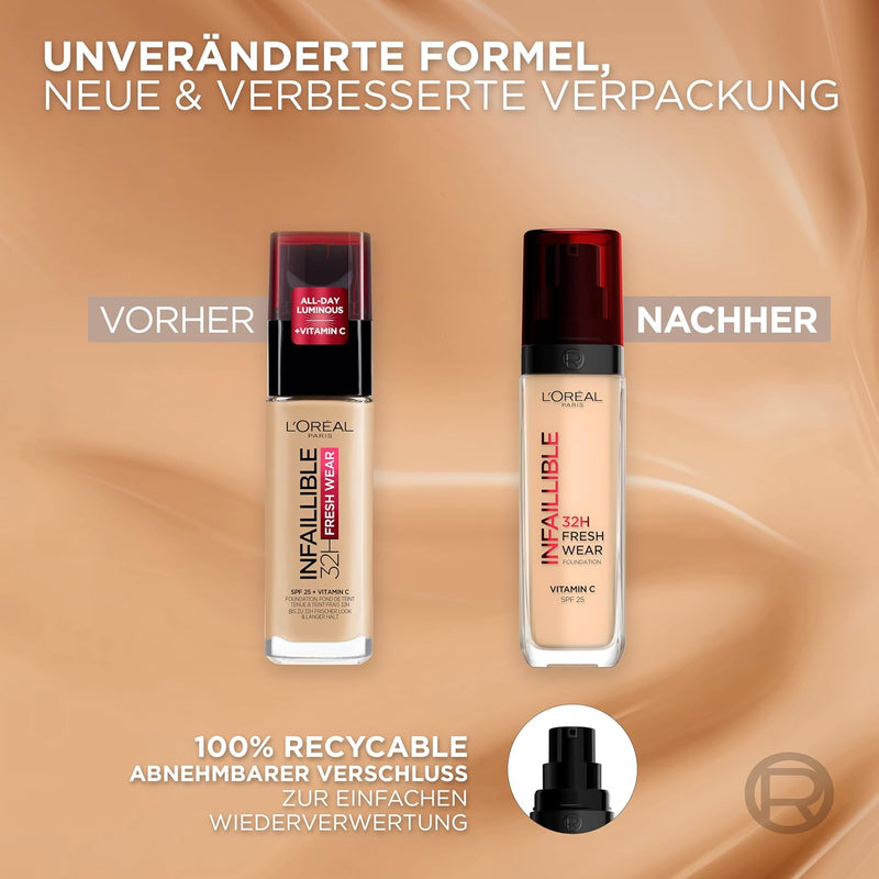 L'Oréal Paris makeup, waterproof and long-lasting liquid foundation with SPF 25, Infaillible 32H Fresh Wear makeup, No. 220 sand, 30 ml