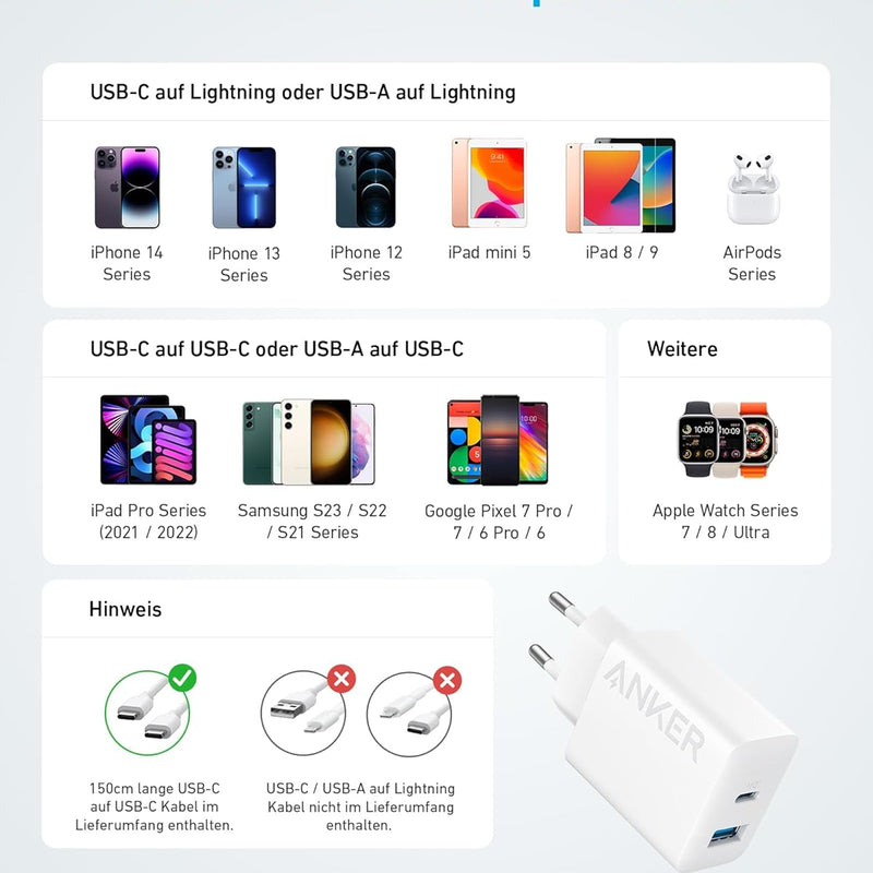 Anker 20 W USB C Charger, iPad Power Supply, USB Fast Charging Power Supply, iPad Charger, Compatible with iPhone 16/15/iPhone 15 Plus/iPhone 15 Pro/iPhone 15 Pro Max/iPad and More (with 150 cm USB-C