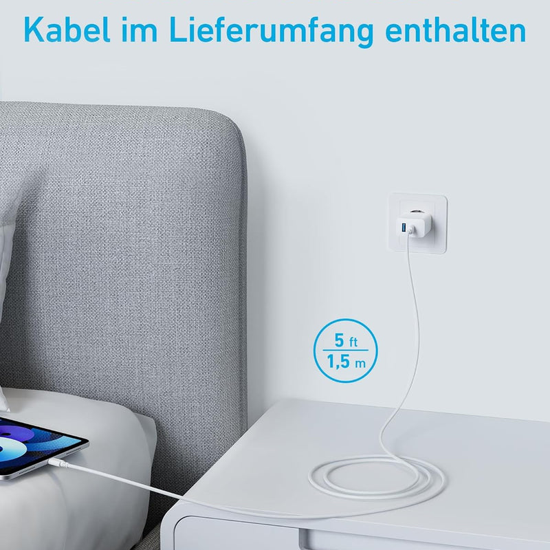 Anker 20 W USB C Charger, iPad Power Supply, USB Fast Charging Power Supply, iPad Charger, Compatible with iPhone 16/15/iPhone 15 Plus/iPhone 15 Pro/iPhone 15 Pro Max/iPad and More (with 150 cm USB-C