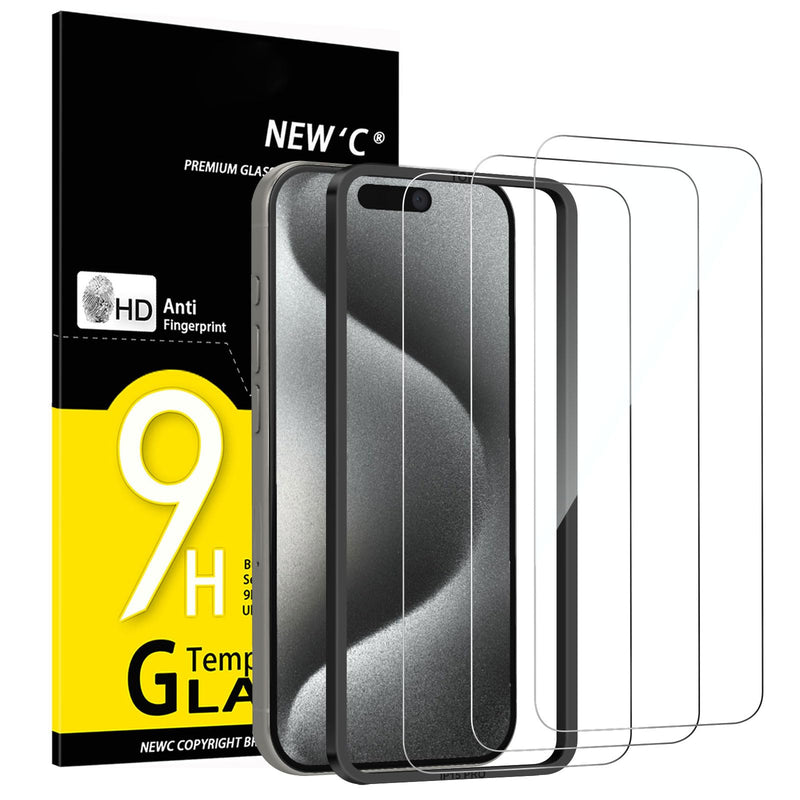 NEW'C Pack of 3 for iPhone 16, iPhone 15 for tempered glass (6.1 inches), free from scratches, 9H hardness, HD screen protector, ultra clear, ultra-resistant, easy installation tool included