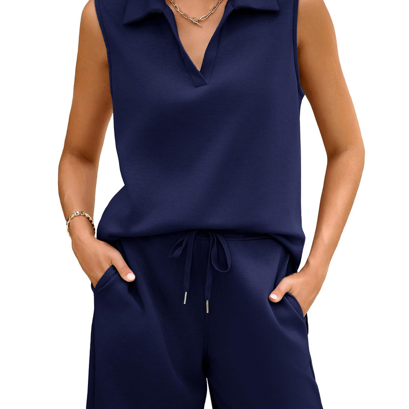 Glamaker Women Two Piece Short Set Summer V Neck Travel Outfits Sweatsuits Sleeveless Lounge Set Tracksuit