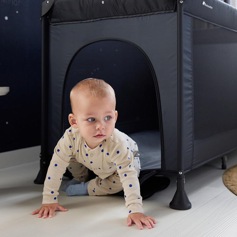 Bebeconfort Sweet Dreams Baby Travel Cot, 0-3 Years (0-15 kg), Travel Cot Lightweight for Babies, Large Padded Mattress, Side Window, Easy Compact Foldable, with Travel Bag, Mineral Graphite