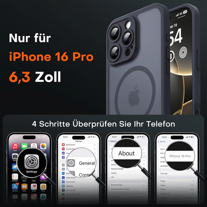 TOCOL For iPhone 16 Pro Case for Magsafe, Full Camera Protection, Shockproof, Scratch-Resistant, Translucent Back, Magnetic Mobile Phone Case for iPhone 16 Pro, Black
