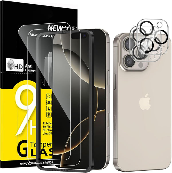 NEW'C Tempered Glass Screen Protector for iPhone 16 Pro, 6.3 Inch (2 Pieces) and 2 x Camera Armoured Protection for Camera Protection (Pack of 2), Scratch-Resistant, Extremely Durable, 9H Hardness