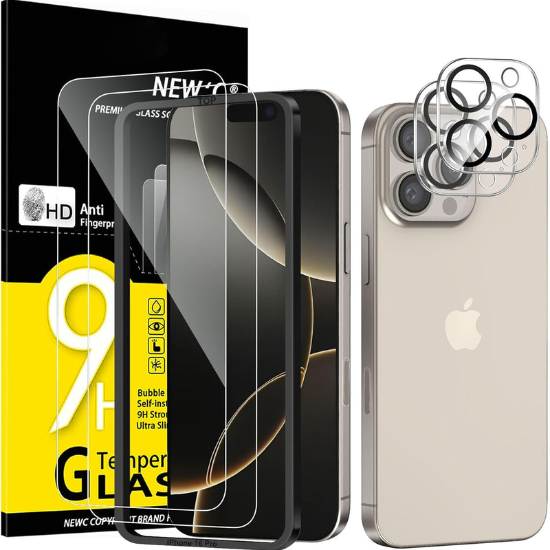 NEW'C Tempered Glass Screen Protector for iPhone 16 Pro, 6.3 Inch (2 Pieces) and 2 x Camera Armoured Protection for Camera Protection (Pack of 2), Scratch-Resistant, Extremely Durable, 9H Hardness
