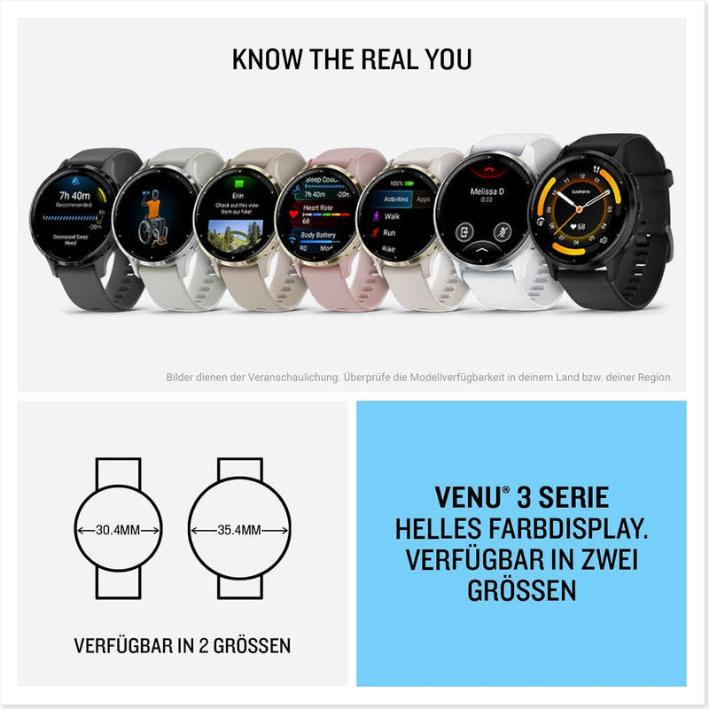 Garmin Venu 3 GPS Fitness Smartwatch with Bluetooth Telephony and Voice Assistance, Ultra Sharp 1.4/1.2 Inch AMOLED Touch Display, Fitness Functions, Music, Pay and Wheelchair Mode