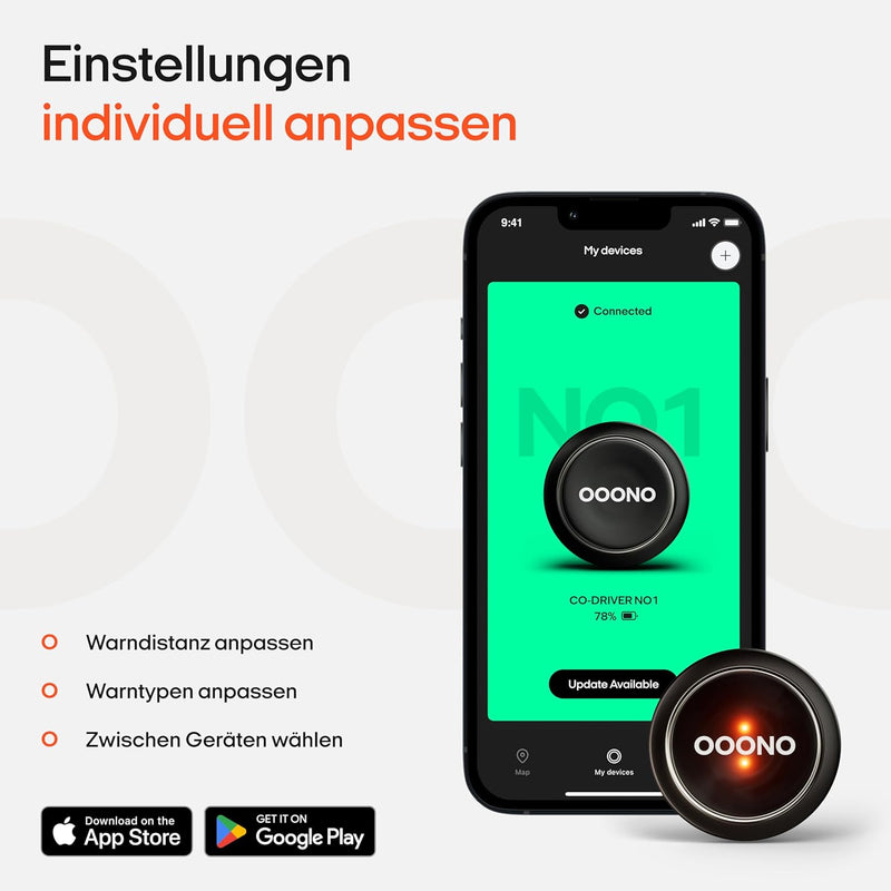 ooono traffic alarm: Warns about speed cameras and hazards in road traffic in real time, automatically active after connection to smartphone via Bluetooth, data from Blitzer.de