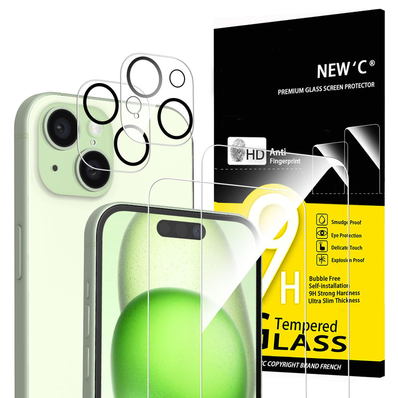 NEW'C Tempered Glass Screen Protector for iPhone 16 Pro, 6.3 Inch (2 Pieces) and 2 x Camera Armoured Protection for Camera Protection (Pack of 2), Scratch-Resistant, Extremely Durable, 9H Hardness
