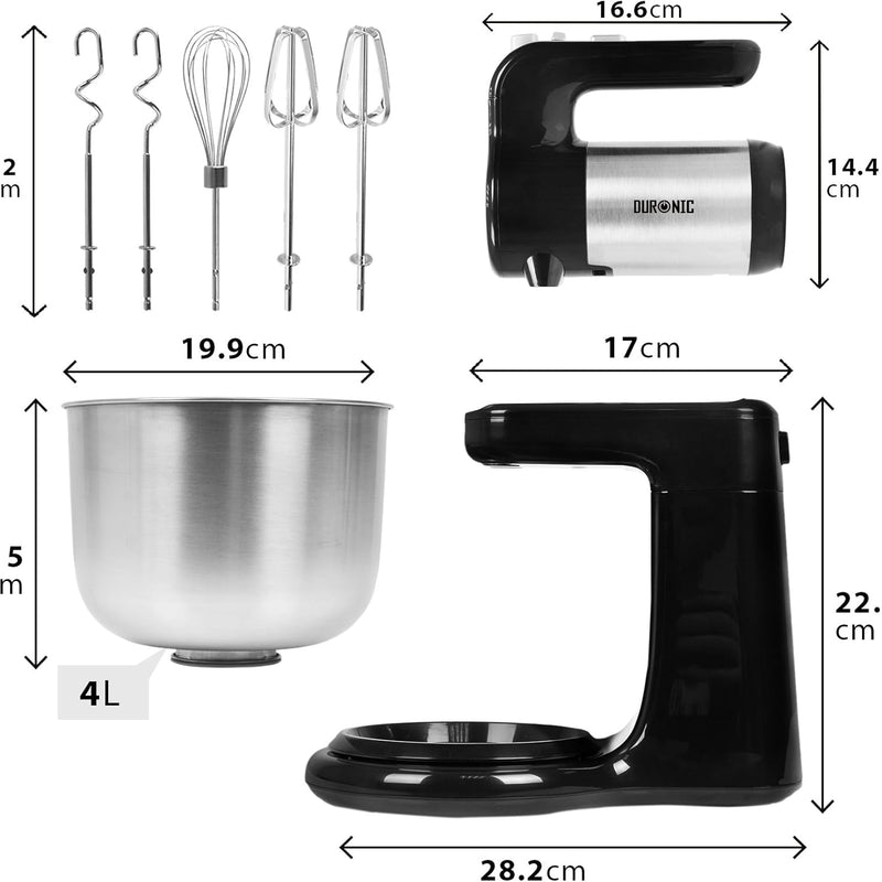 Duronic SM3 Electric Food Processor 300 W, 2-in-1 Stand Mixer with 4L Stainless Steel Bowl, Hand Mixer, Kneading Machine, Dough Machine, Hand Mixer, Mixer for Baking, Cream, Dough, Sauces, Desserts