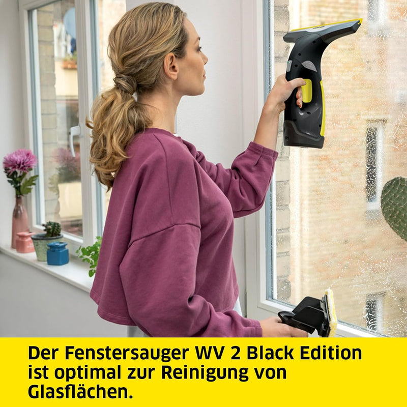 Kärcher Battery Window Vacuum Cleaner WV 2 Black Edition (Battery Life: 35 min, LED-Charge Status Display, 2 Suction Nozzles, Spray Bottle With Microfiber Cover, 20 ml Window Cleaner Concentrate