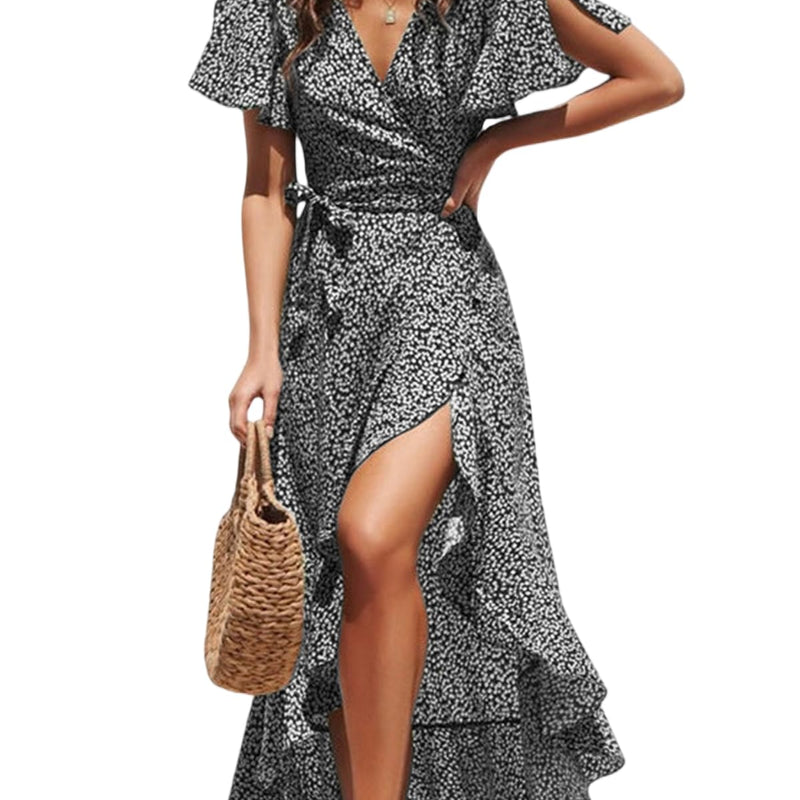 CUPSHE Women Summer Maxi Dress Casual Split Sleeve V Neck Ruffle Beach Dress Black L, black