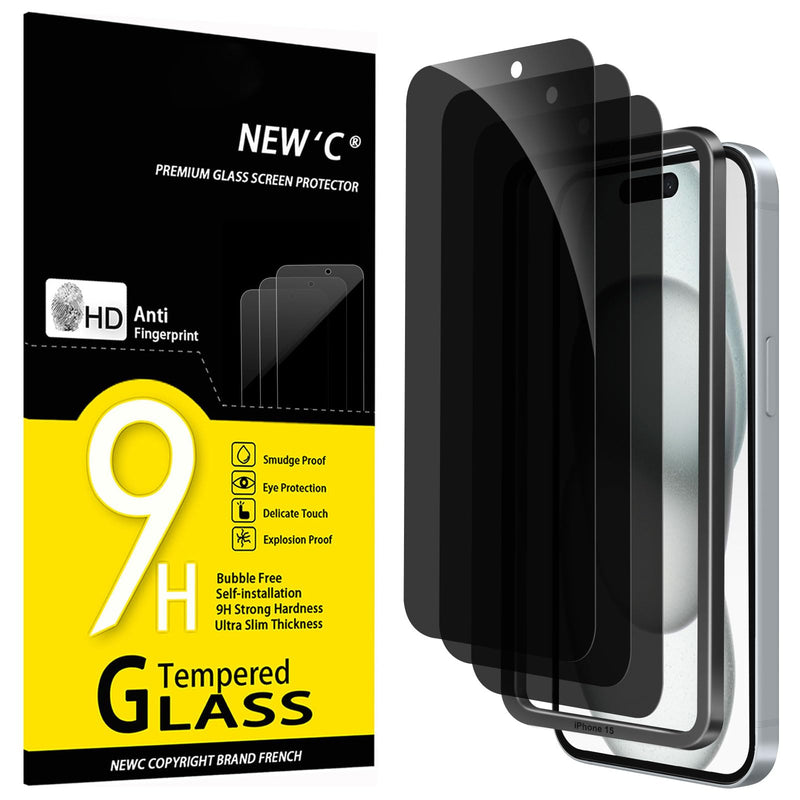 NEW'C Pack of 3 for iPhone 16, iPhone 15 for tempered glass (6.1 inches), free from scratches, 9H hardness, HD screen protector, ultra clear, ultra-resistant, easy installation tool included