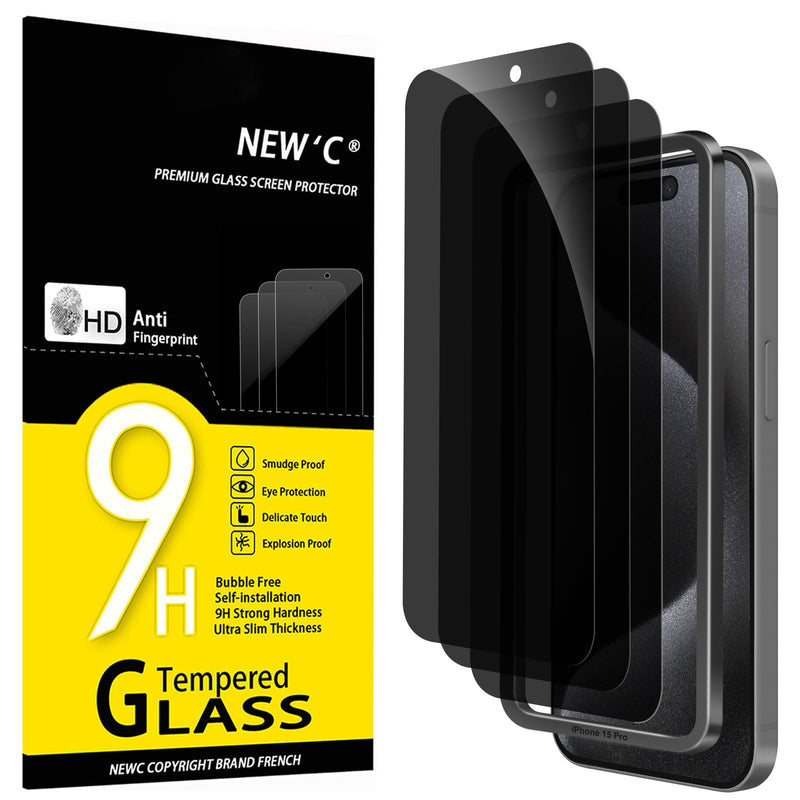 NEW'C Pack of 3 for iPhone 16, iPhone 15 for tempered glass (6.1 inches), free from scratches, 9H hardness, HD screen protector, ultra clear, ultra-resistant, easy installation tool included