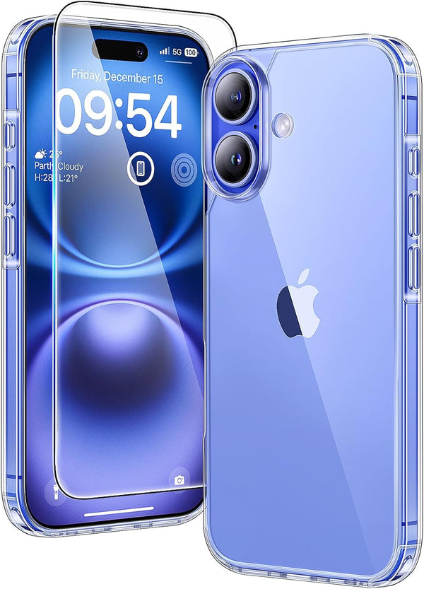 TAURI 3 in 1 for iPhone 16 Case 6.1 Inch with 2 Pieces Tempered Glass Screen Protector, Military Standard Protection, [Anti-Yellowing] Shockproof Transparent Mobile Phone Case - Transparent