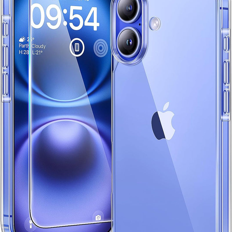 TAURI 3 in 1 for iPhone 16 Case 6.1 Inch with 2 Pieces Tempered Glass Screen Protector, Military Standard Protection, [Anti-Yellowing] Shockproof Transparent Mobile Phone Case - Transparent