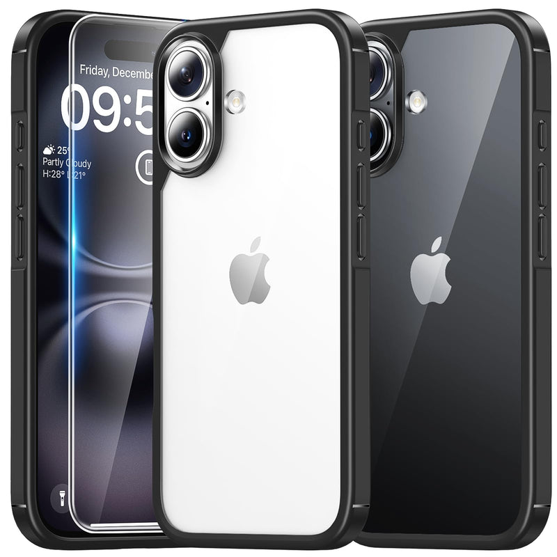TAURI 3 in 1 for iPhone 16 Case 6.1 Inch with 2 Pieces Tempered Glass Screen Protector, Military Standard Protection, [Anti-Yellowing] Shockproof Transparent Mobile Phone Case - Transparent