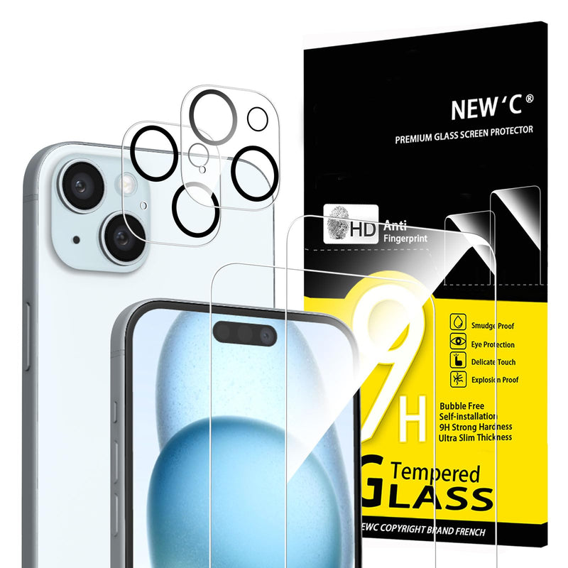 NEW'C Tempered Glass Screen Protector for iPhone 16 Pro, 6.3 Inch (2 Pieces) and 2 x Camera Armoured Protection for Camera Protection (Pack of 2), Scratch-Resistant, Extremely Durable, 9H Hardness