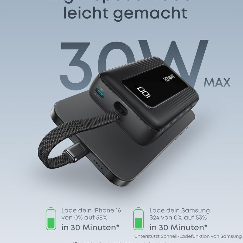 Anker Powerbank 20,000 mAh 30 W with Integrated USB-C Cable, High-Speed Portable Charger, 1 USB-C, 1 USB-A, Battery Pack for iPhone 15/15 Pro/15 Pro Max/15 Plus, MacBook, Galaxy and More