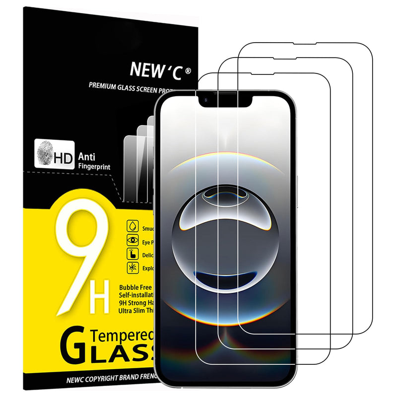 NEW'C Pack of 3 for iPhone 16, iPhone 15 for tempered glass (6.1 inches), free from scratches, 9H hardness, HD screen protector, ultra clear, ultra-resistant, easy installation tool included