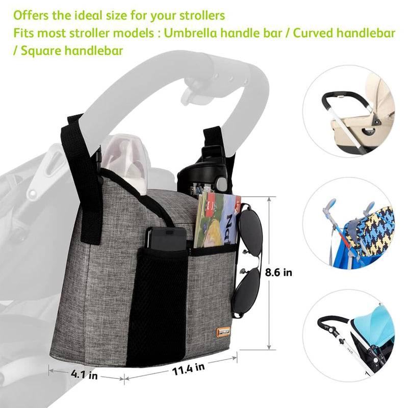 Stroller Organiser, Universal Stroller Storage Bag with 2 Insulated Drink Holders and Shoulder Strap, Can Be Used as a Handbag for Baby Accessories (Grey)