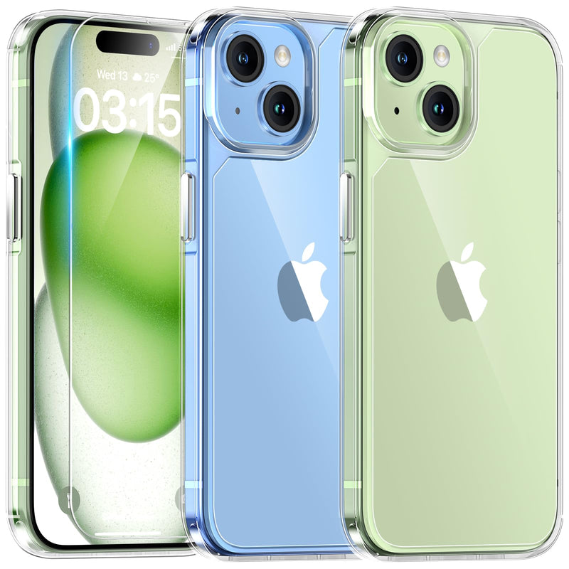 TAURI 3 in 1 for iPhone 16 Case 6.1 Inch with 2 Pieces Tempered Glass Screen Protector, Military Standard Protection, [Anti-Yellowing] Shockproof Transparent Mobile Phone Case - Transparent