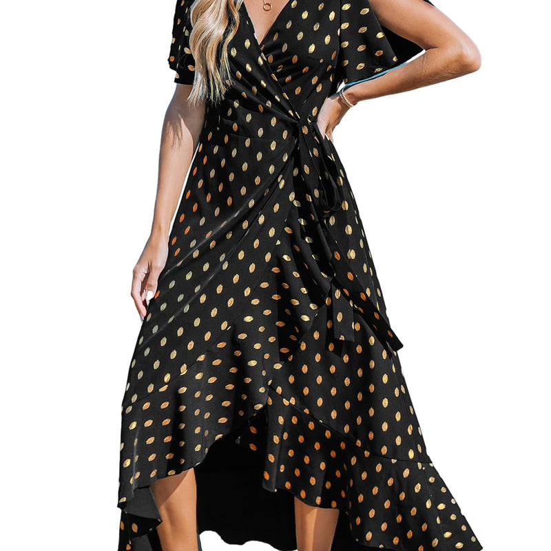 CUPSHE Women Summer Maxi Dress Casual Split Sleeve V Neck Ruffle Beach Dress Black L, black