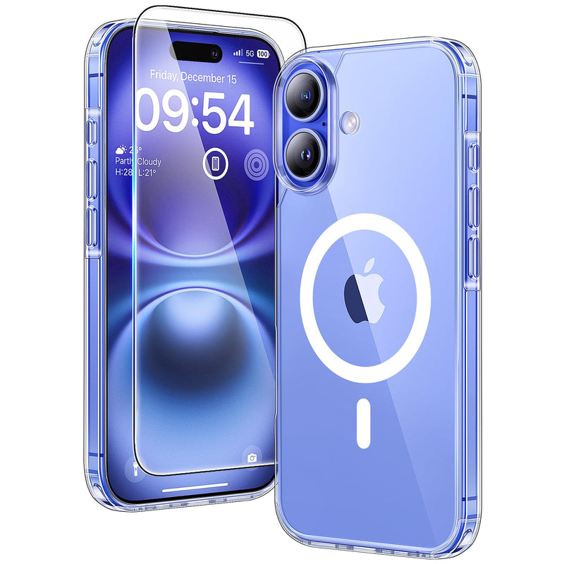 TAURI 3 in 1 for iPhone 16 Case 6.1 Inch with 2 Pieces Tempered Glass Screen Protector, Military Standard Protection, [Anti-Yellowing] Shockproof Transparent Mobile Phone Case - Transparent