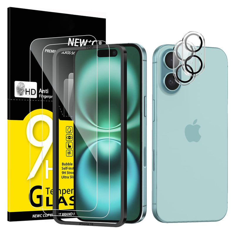 NEW'C Tempered Glass Screen Protector for iPhone 16 Pro, 6.3 Inch (2 Pieces) and 2 x Camera Armoured Protection for Camera Protection (Pack of 2), Scratch-Resistant, Extremely Durable, 9H Hardness