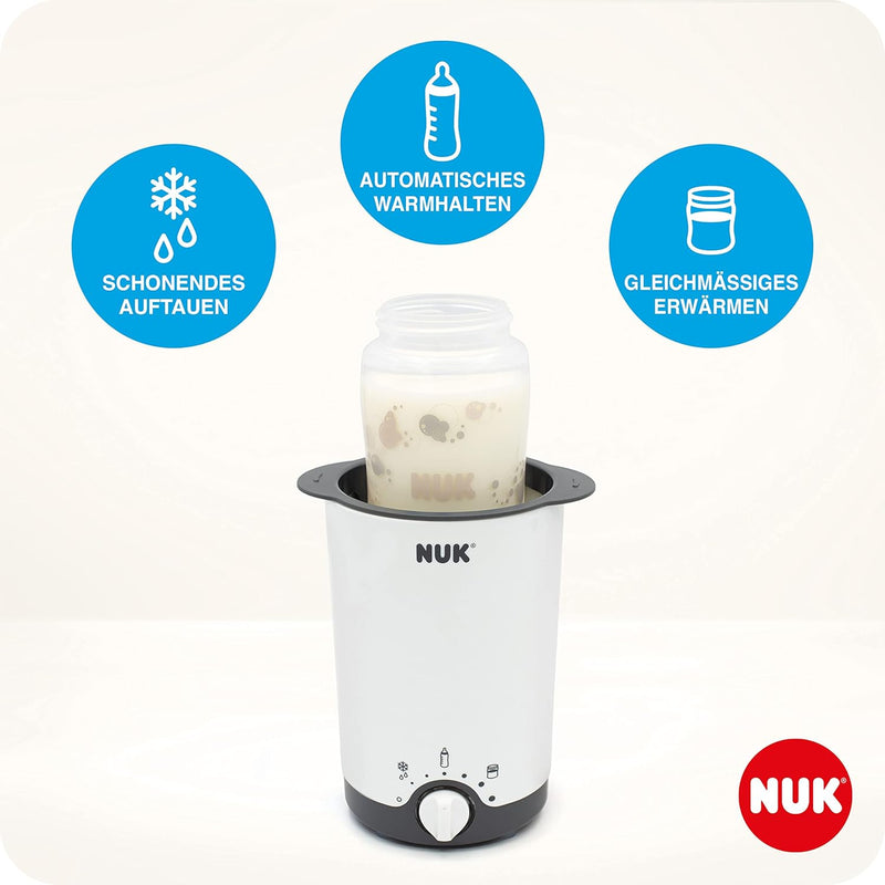 NUK Thermo 3-in-1 bottle warmer for easy, safe and gentle heating, defrosting and keeping warm, for glasses and bottles.