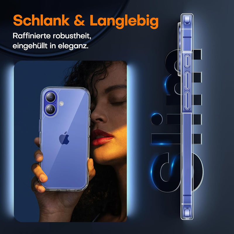 TAURI 3 in 1 for iPhone 16 Case 6.1 Inch with 2 Pieces Tempered Glass Screen Protector, Military Standard Protection, [Anti-Yellowing] Shockproof Transparent Mobile Phone Case - Transparent