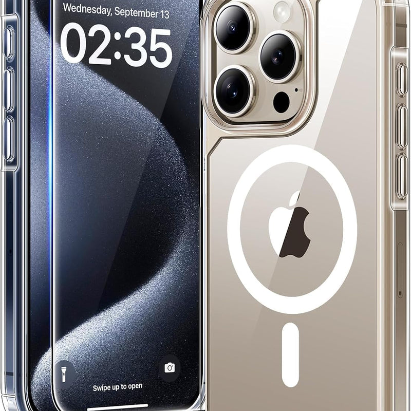 TAURI 3 in 1 for iPhone 16 Case 6.1 Inch with 2 Pieces Tempered Glass Screen Protector, Military Standard Protection, [Anti-Yellowing] Shockproof Transparent Mobile Phone Case - Transparent