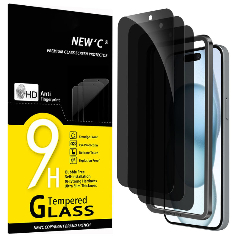 NEW'C Pack of 3 for iPhone 16, iPhone 15 for tempered glass (6.1 inches), free from scratches, 9H hardness, HD screen protector, ultra clear, ultra-resistant, easy installation tool included
