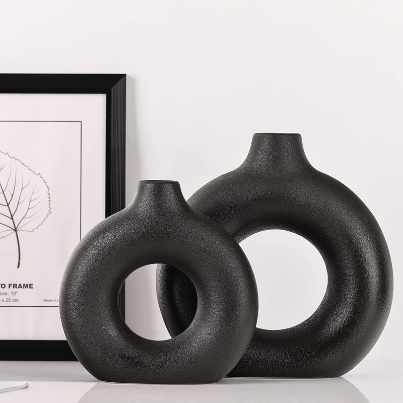 Donut Vases, Circular Matte Ceramic Vase for Entryway, Living Room, Bedroom, Dining Table, Table Decor, Office, Home Decor, Black, Set of 2