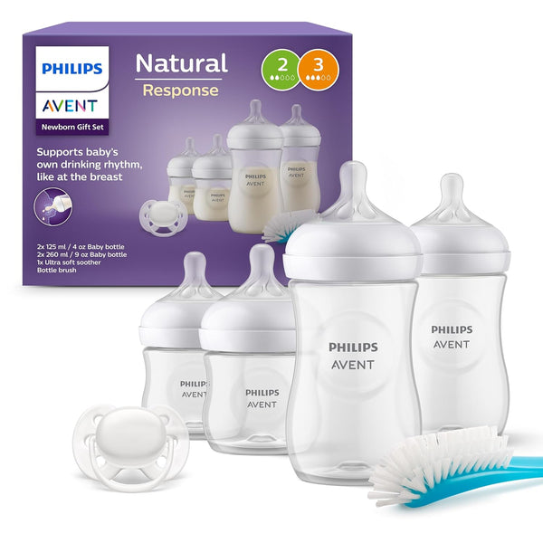 Philips AVENT Natural Response Baby Bottles Gift Set for Newborns - 4 Baby Bottles, Ultra Soft Dummy and Bottle Brush, Babies from 0 - 12 Months and Over (Model SCD838/11)