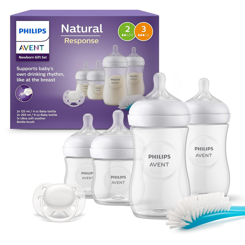 Philips AVENT Natural Response Baby Bottles Gift Set for Newborns - 4 Baby Bottles, Ultra Soft Dummy and Bottle Brush, Babies from 0 - 12 Months and Over (Model SCD838/11)