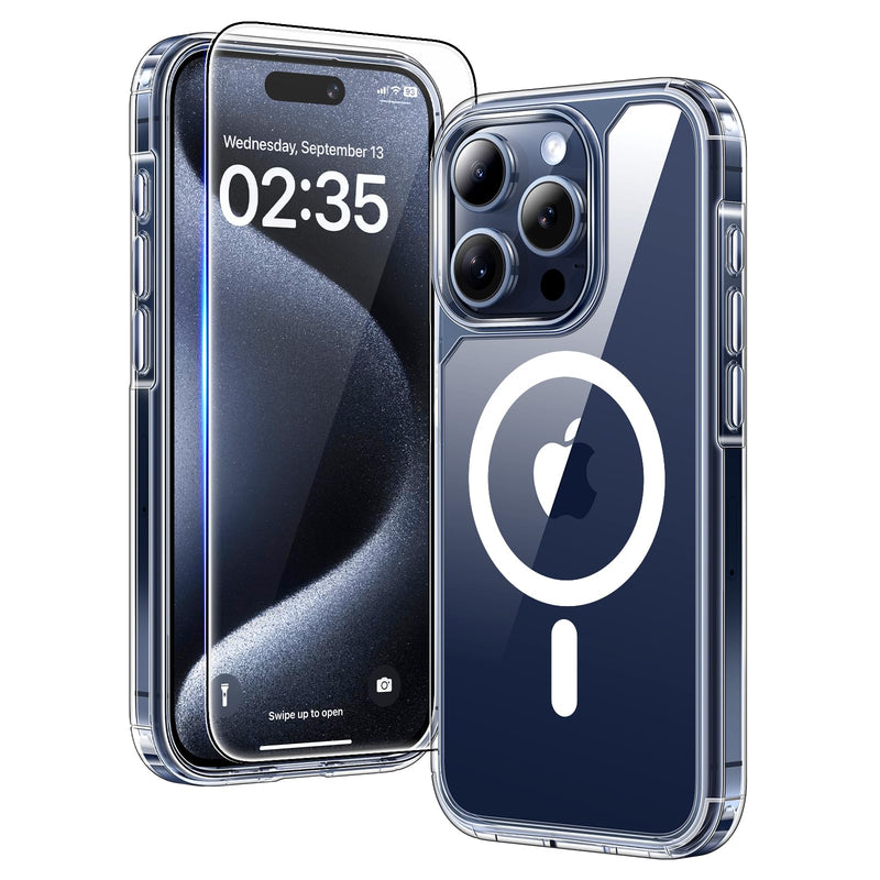 TAURI 3 in 1 for iPhone 16 Case 6.1 Inch with 2 Pieces Tempered Glass Screen Protector, Military Standard Protection, [Anti-Yellowing] Shockproof Transparent Mobile Phone Case - Transparent