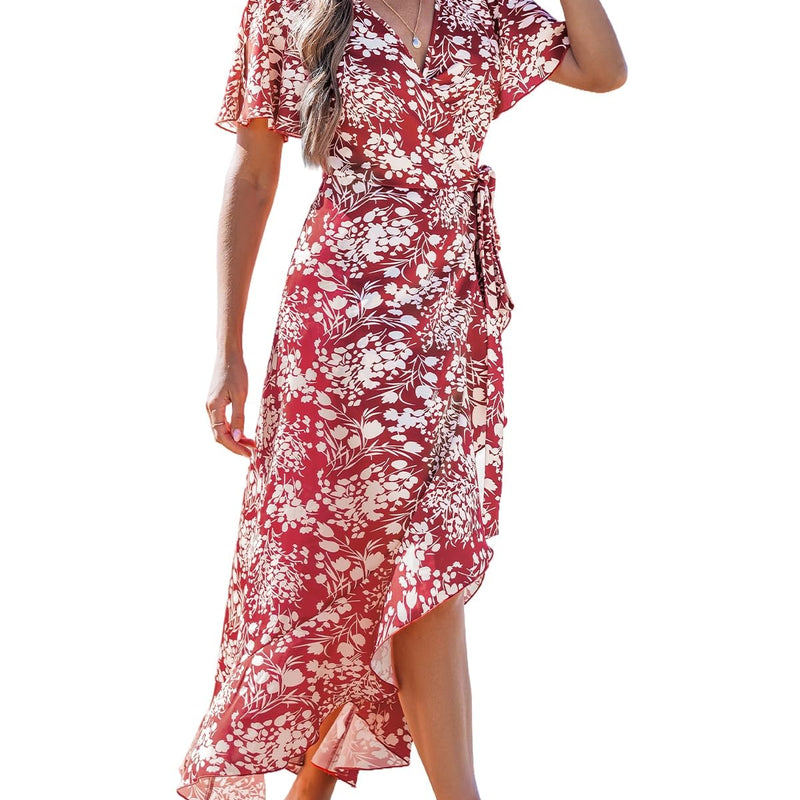 CUPSHE Women Summer Maxi Dress Casual Split Sleeve V Neck Ruffle Beach Dress Black L, black