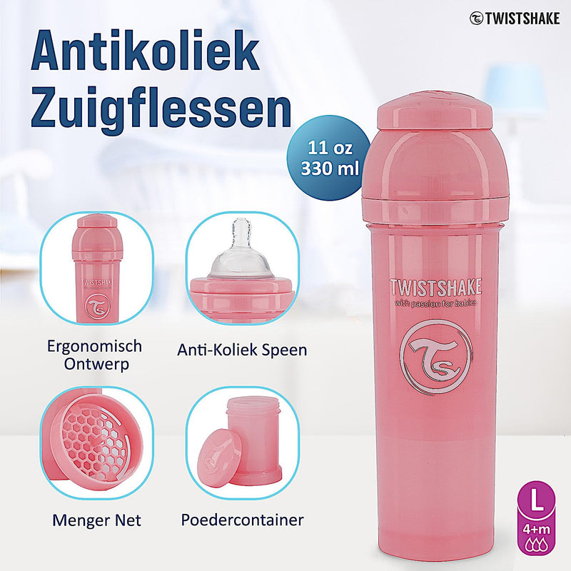 Twistshake Anti-colic Baby Bottle with Milk Powder Container and Mixer - 330 ml | Silicone Nipple with Fast Flow | BPA-Free | Suitable for Babies from 4 Months | Pink