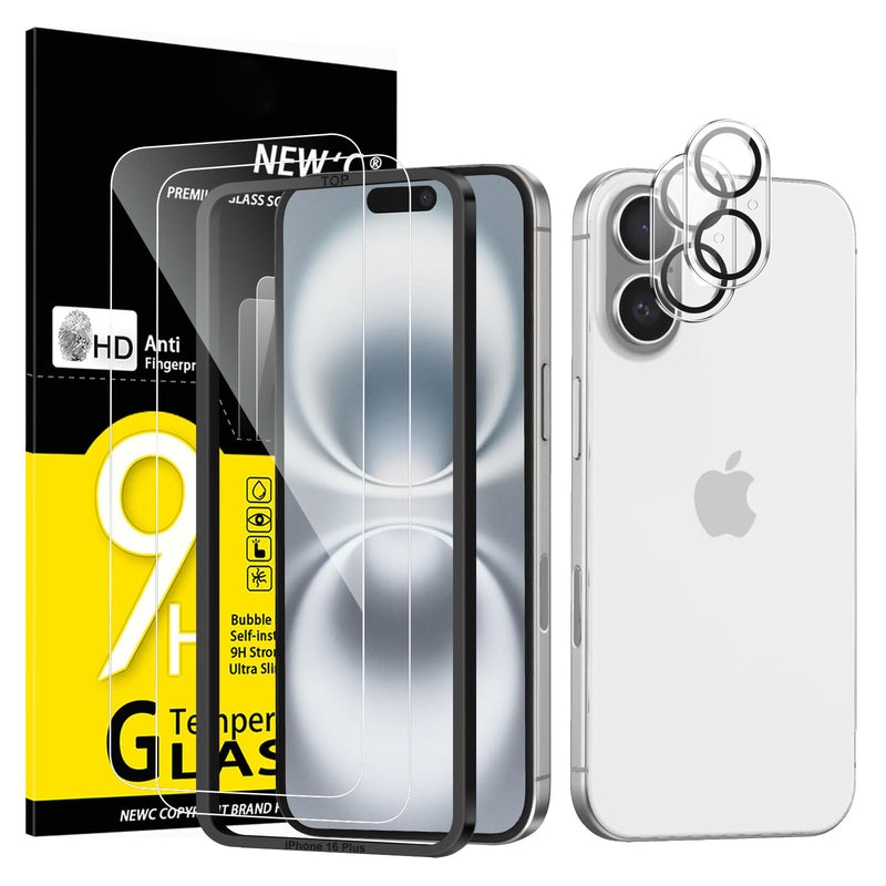 NEW'C Tempered Glass Screen Protector for iPhone 16 Pro, 6.3 Inch (2 Pieces) and 2 x Camera Armoured Protection for Camera Protection (Pack of 2), Scratch-Resistant, Extremely Durable, 9H Hardness