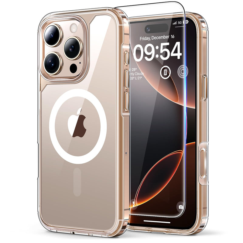TAURI 3 in 1 for iPhone 16 Case 6.1 Inch with 2 Pieces Tempered Glass Screen Protector, Military Standard Protection, [Anti-Yellowing] Shockproof Transparent Mobile Phone Case - Transparent