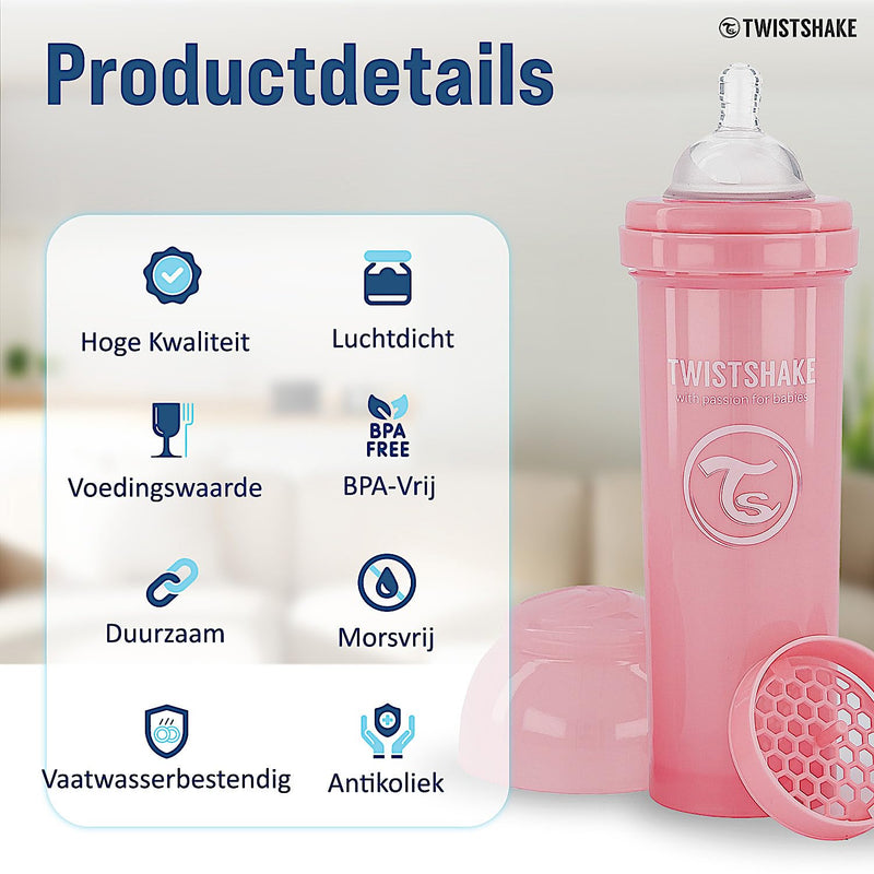 Twistshake Anti-colic Baby Bottle with Milk Powder Container and Mixer - 330 ml | Silicone Nipple with Fast Flow | BPA-Free | Suitable for Babies from 4 Months | Pink