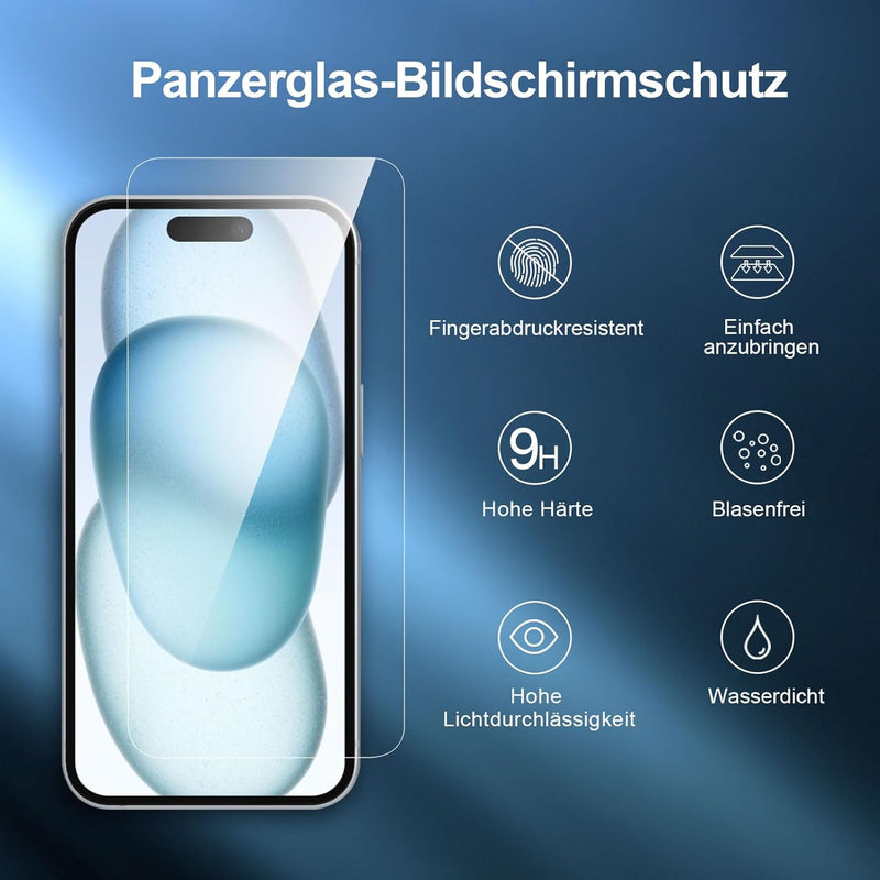 NEW'C Pack of 3 for iPhone 16, iPhone 15 for tempered glass (6.1 inches), free from scratches, 9H hardness, HD screen protector, ultra clear, ultra-resistant, easy installation tool included