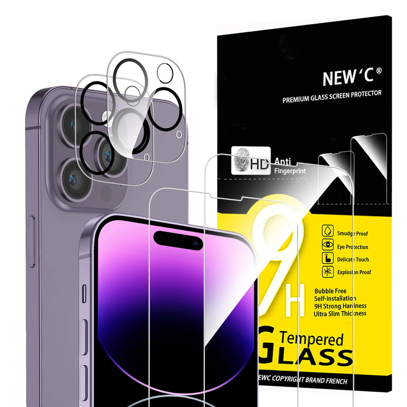 NEW'C Tempered Glass Screen Protector for iPhone 16 Pro, 6.3 Inch (2 Pieces) and 2 x Camera Armoured Protection for Camera Protection (Pack of 2), Scratch-Resistant, Extremely Durable, 9H Hardness