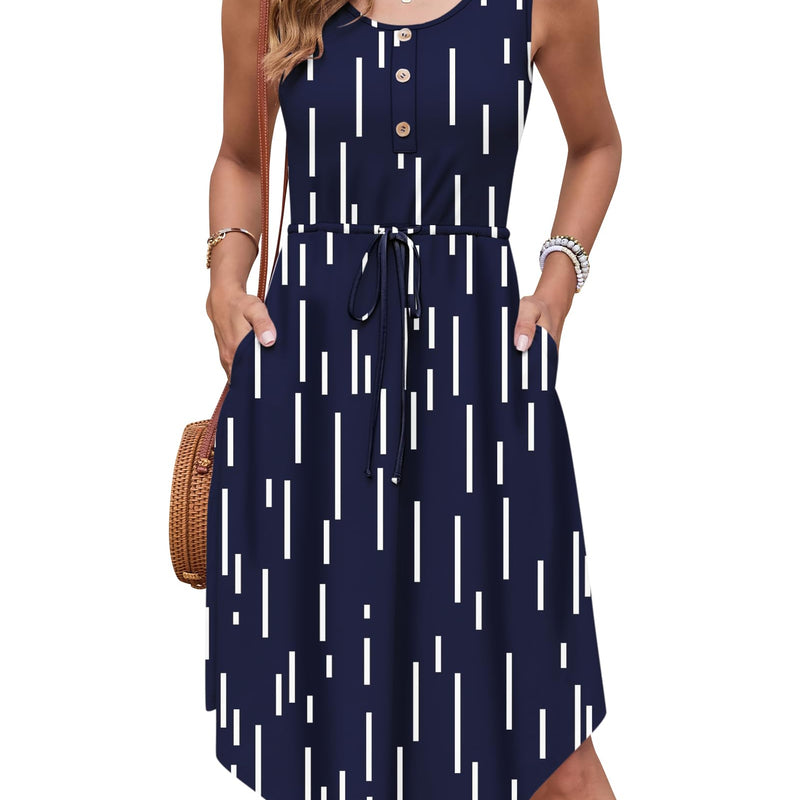 AUSELILY Summer Dresses Women's Lightweight Sleeveless Drawstring High Waist Beach Dresses Knee-Length Button-Down Midi Dress Tunic Dress Elegant Casual Dress with Pockets